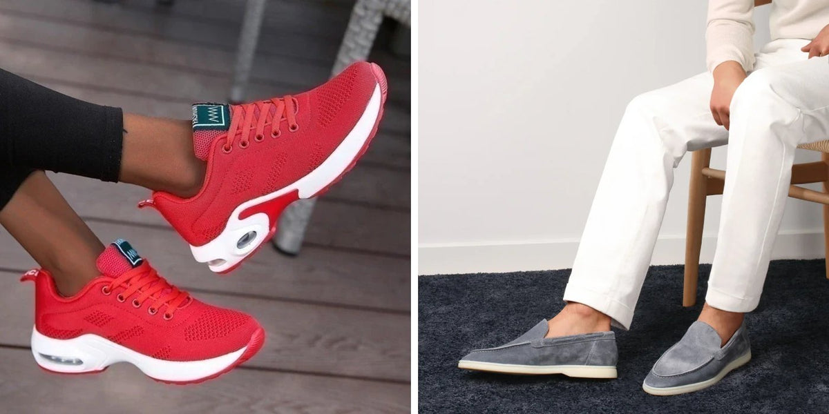 Red lace-up sneakers and grey slip-on shoes, worn with casual outfits