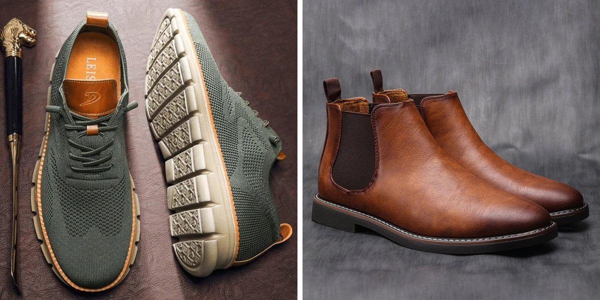 Green knit sneakers and brown smooth Chelsea boots