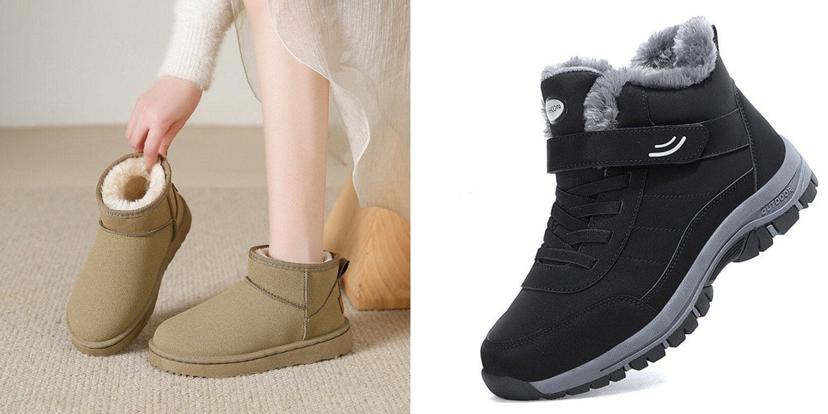 Tan ankle boots with a faux-fur lining and black lined winter boots