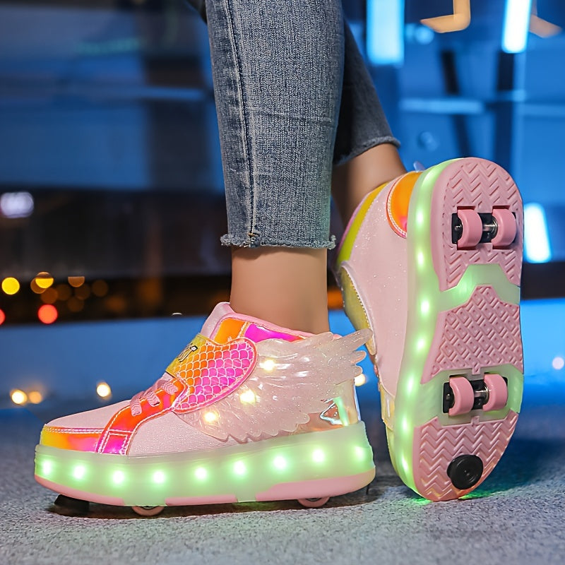 Kids' Light-Up Wheeled Shoes with Wings – White