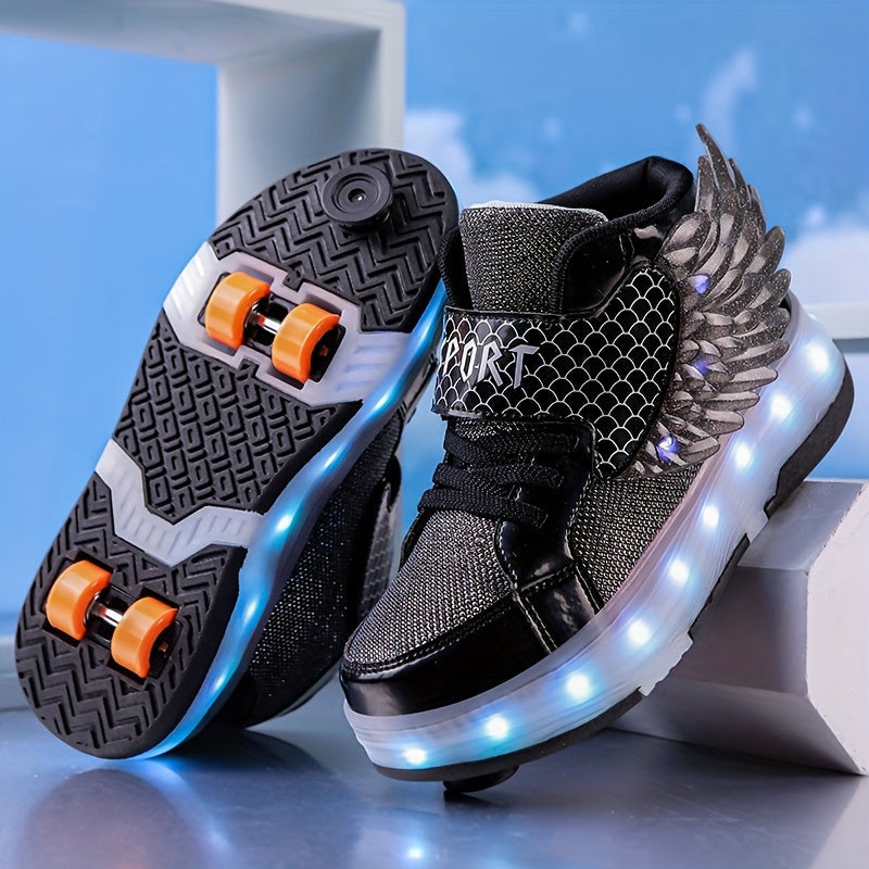 Kids' Light-Up Wheeled Shoes with Wings – White