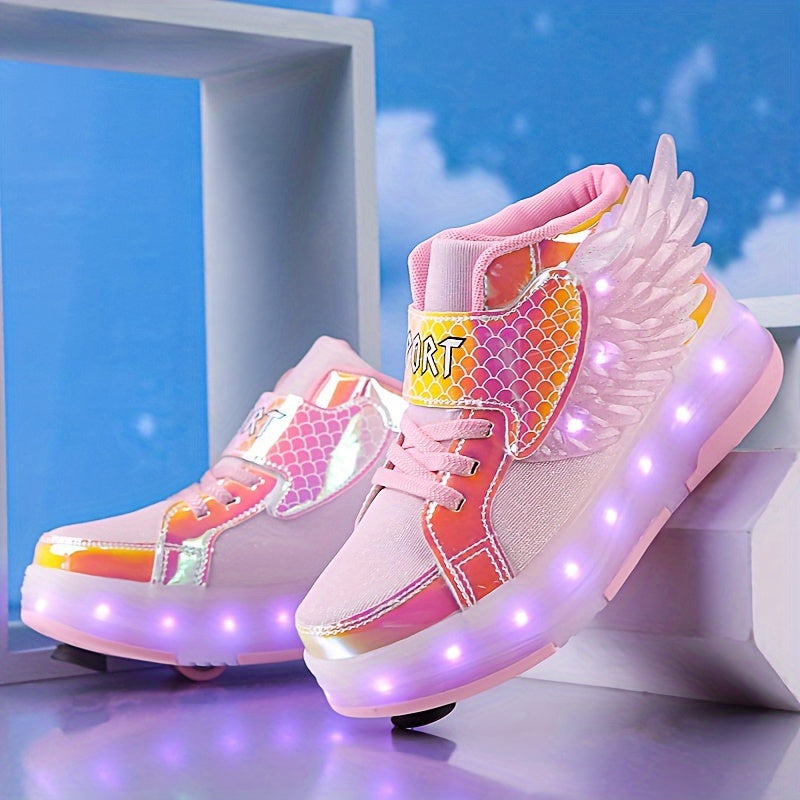 Kids' Light-Up Wheeled Shoes with Wings – White