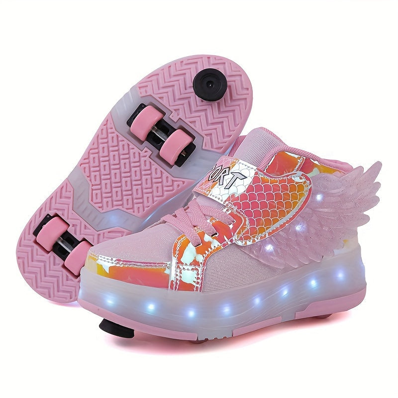 Kids' Light-Up Wheeled Shoes with Wings – Black