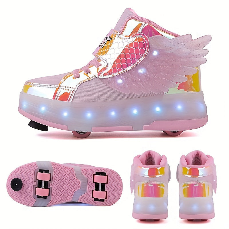 Kids' Light-Up Wheeled Shoes with Wings – Black