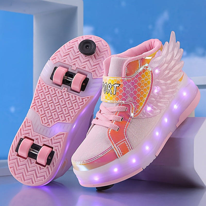 Kids' Light-Up Wheeled Shoes with Wings – Pink