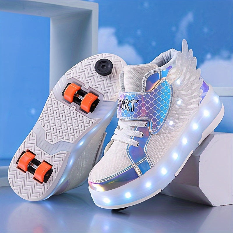 Kids' Light-Up Wheeled Shoes with Wings – White
