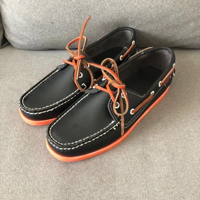 Men's Handcrafted Leather Boat Shoes – Orange & Black