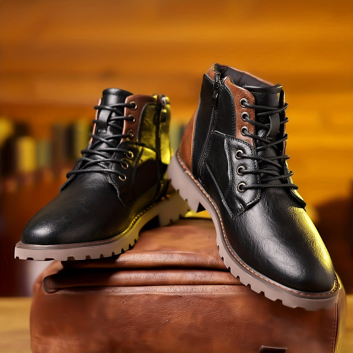 Men's Leather Ankle Boots with Zip, Elegant – Black