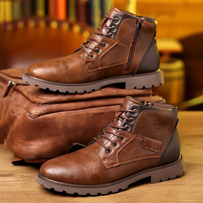 Men's Leather Ankle Boots with Zip, Elegant – Brown