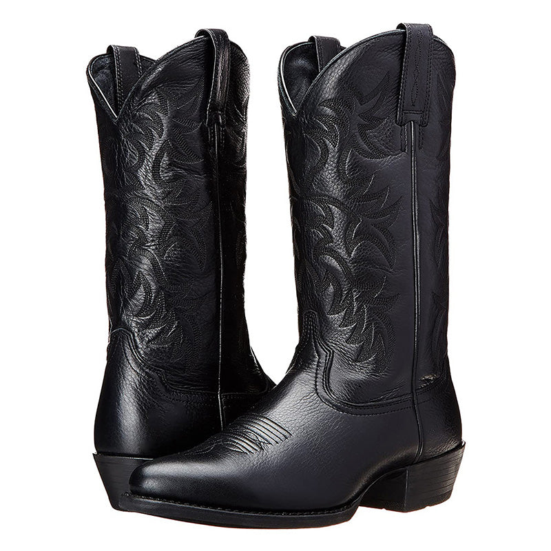 Men's Leather Cowboy Boots with Pointed Toe – Black