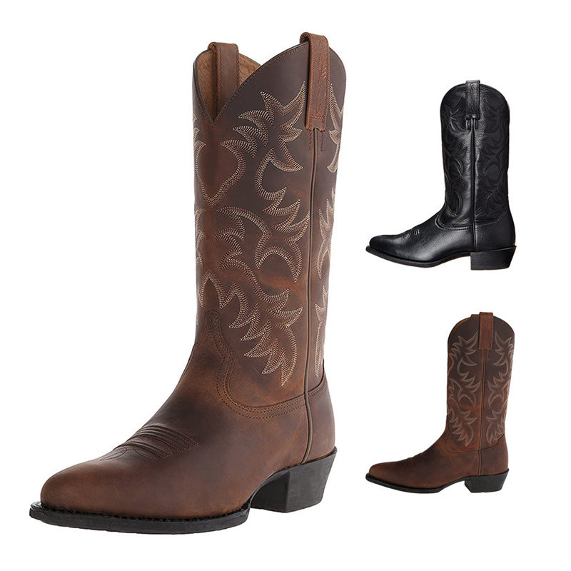 Men's Leather Cowboy Boots with Pointed Toe