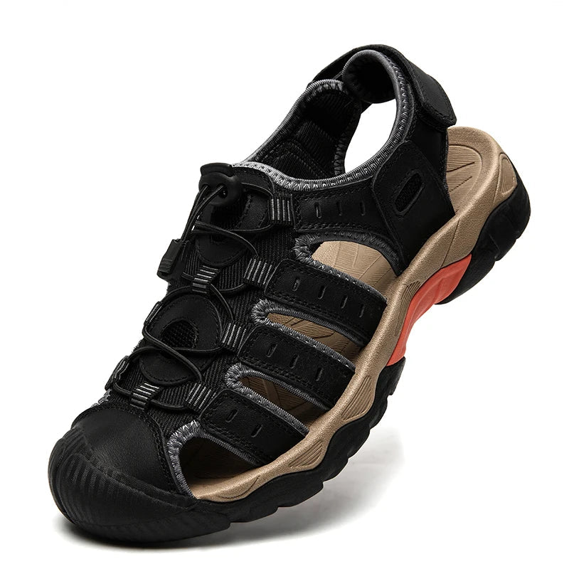 Men's Leather Outdoor Sandals, Breathable – Black