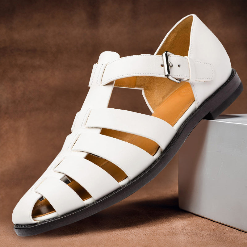 Men's Leather Sandals with Adjustable Buckle – White