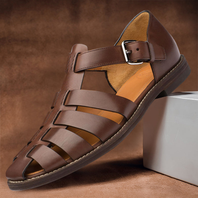 Men's Leather Sandals with Adjustable Buckle – Brown