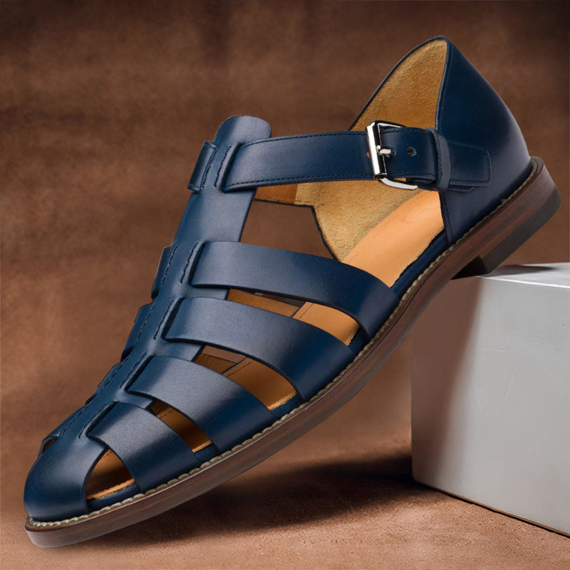 Men's Leather Sandals with Adjustable Buckle – Dark Blue
