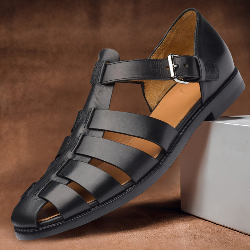 Men's Leather Sandals with Adjustable Buckle – Black