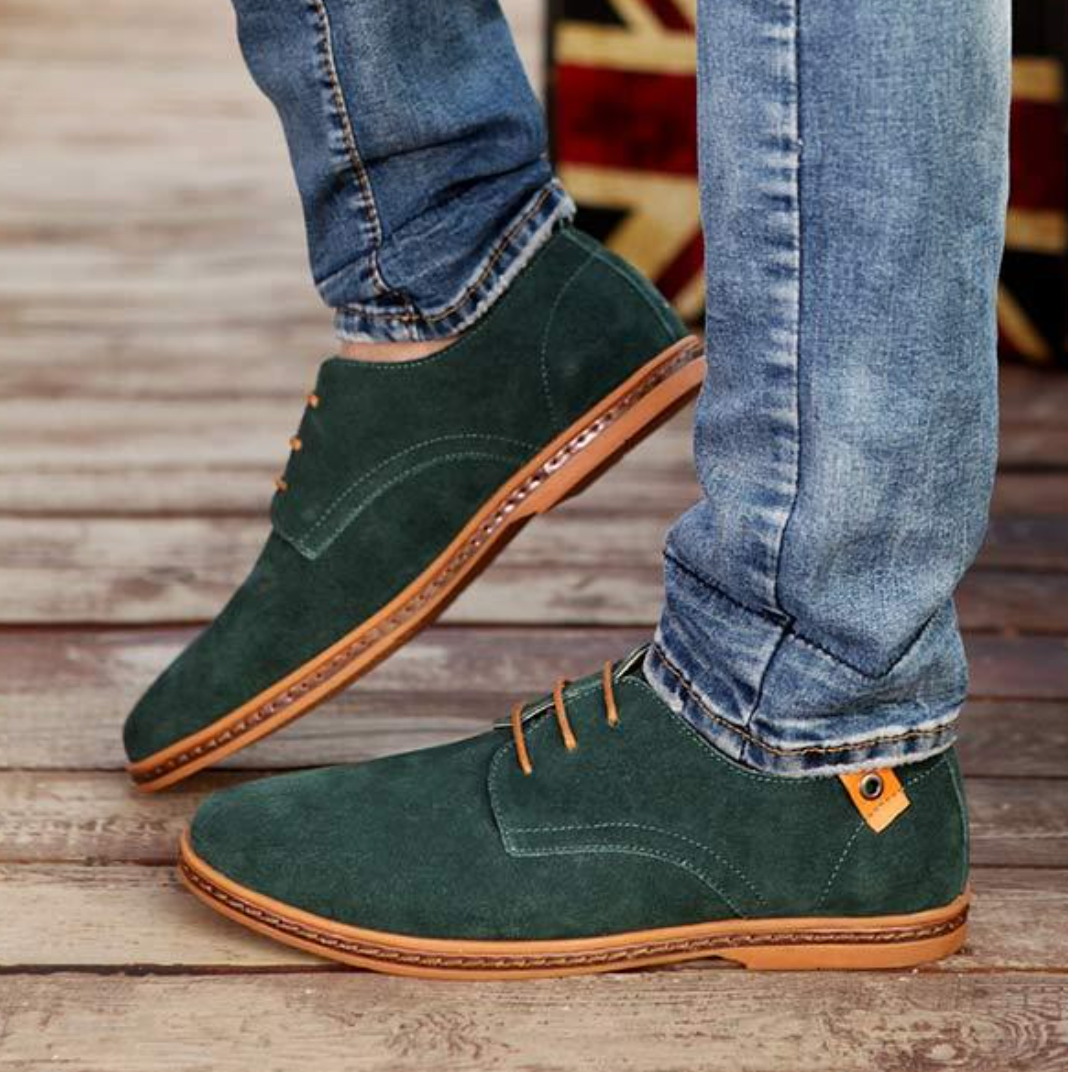 Men's Leather Shoes with Decorative Stitching – Green