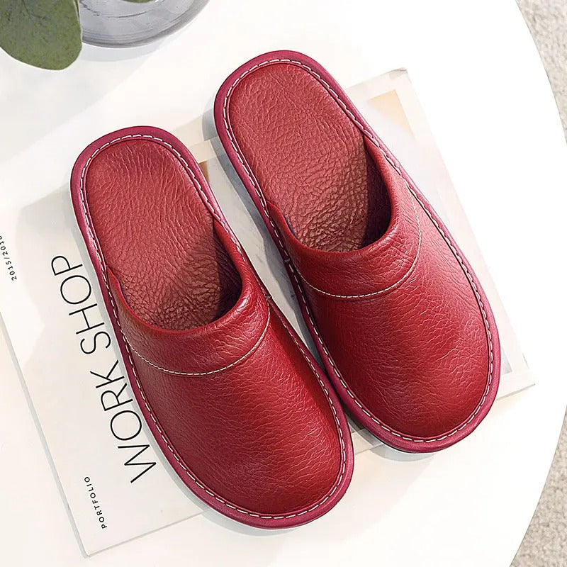 Men's Leather Slippers with a Durable Sole – Dark Red