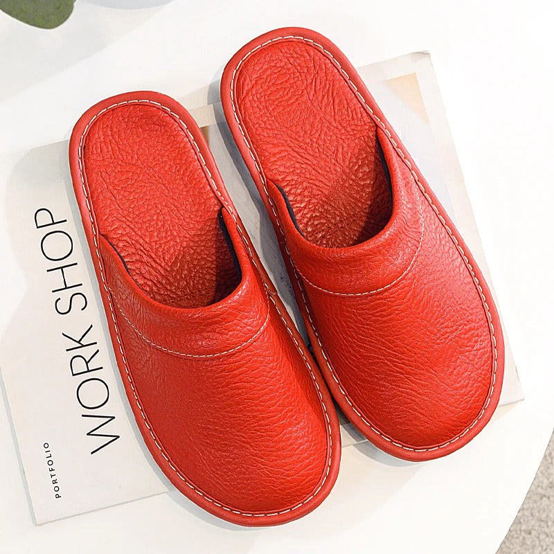 Men's Leather Slippers with a Durable Sole – Red
