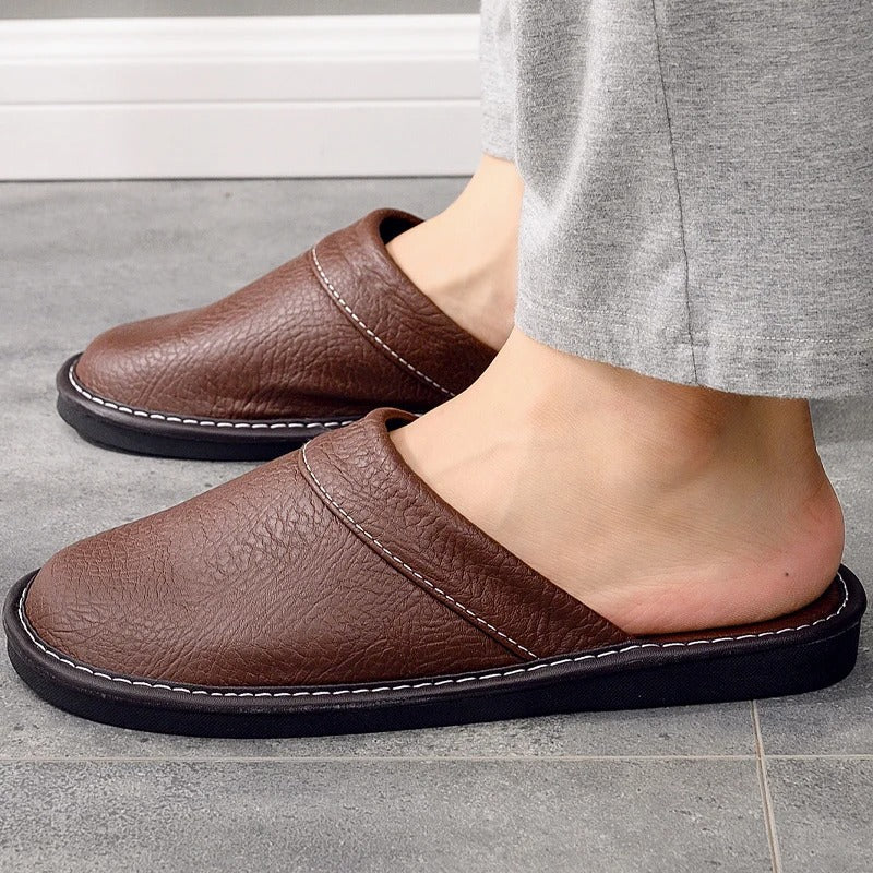 Men's Leather Slippers with a Durable Sole – Brown