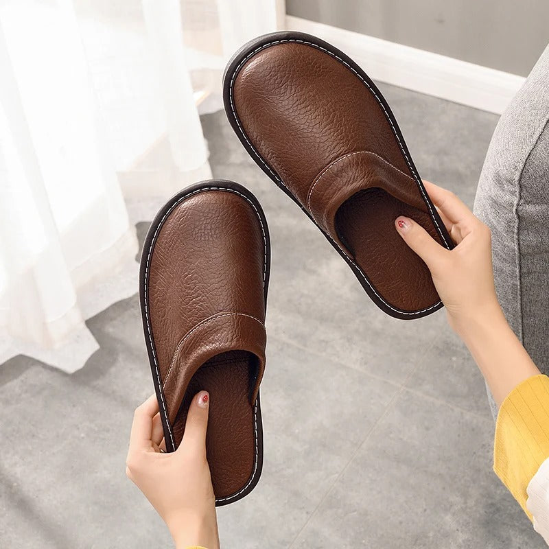 Men's Leather Slippers with a Durable Sole – Brown