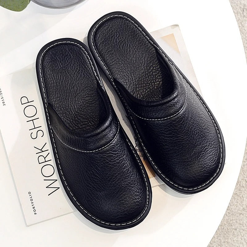 Men's Leather Slippers with a Durable Sole – Black