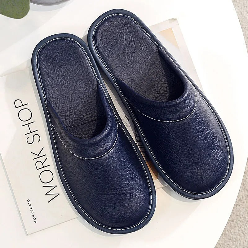 Men's Leather Slippers with a Durable Sole – Blue