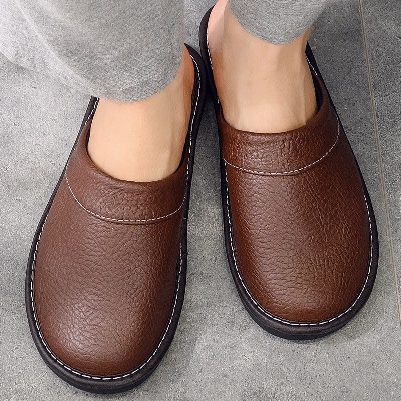 Men's Leather Slippers with a Durable Sole
