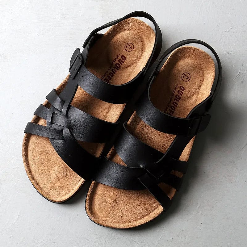 Men's Supportive Leather Velcro Sandals – Black