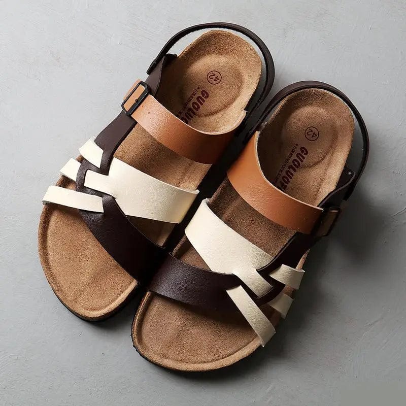 Men's Supportive Leather Velcro Sandals – White & Brown