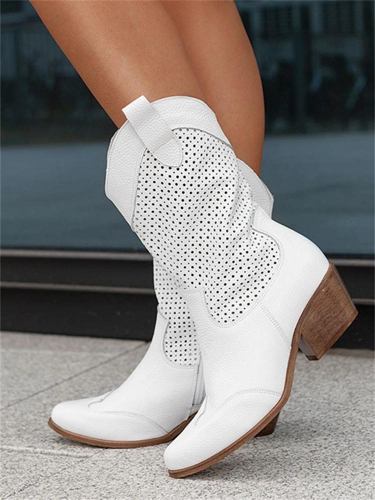 Women's Block-Heel Cowboy Boots with Perforation – White