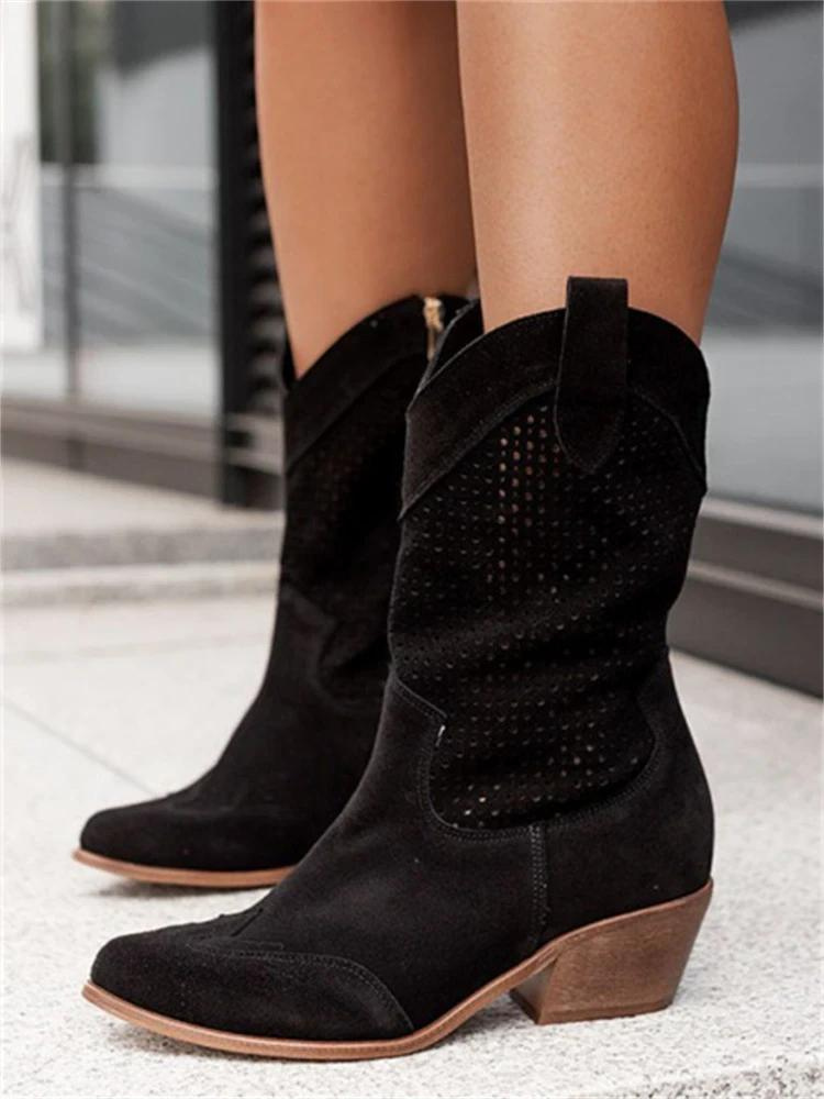 Women's Block-Heel Cowboy Boots with Perforation – Black