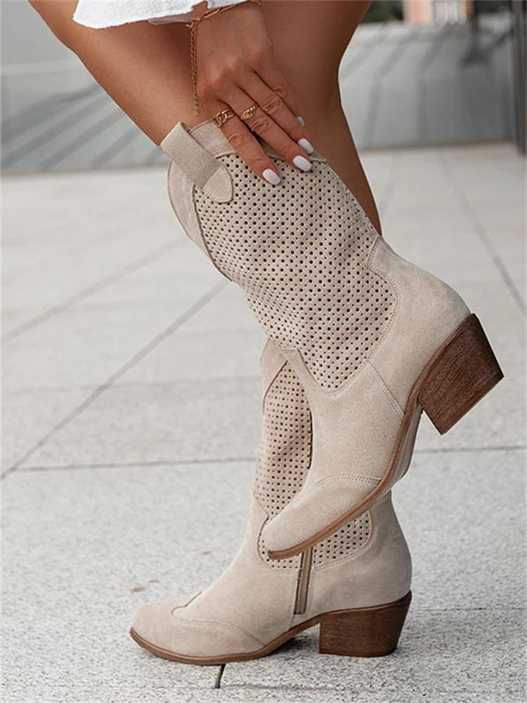 Women's Block-Heel Cowboy Boots with Perforation – Khaki