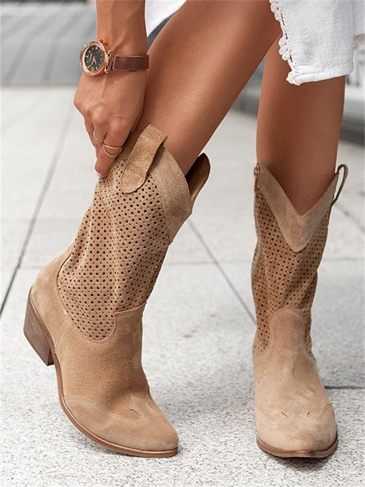 Women's Block-Heel Cowboy Boots with Perforation – Brown