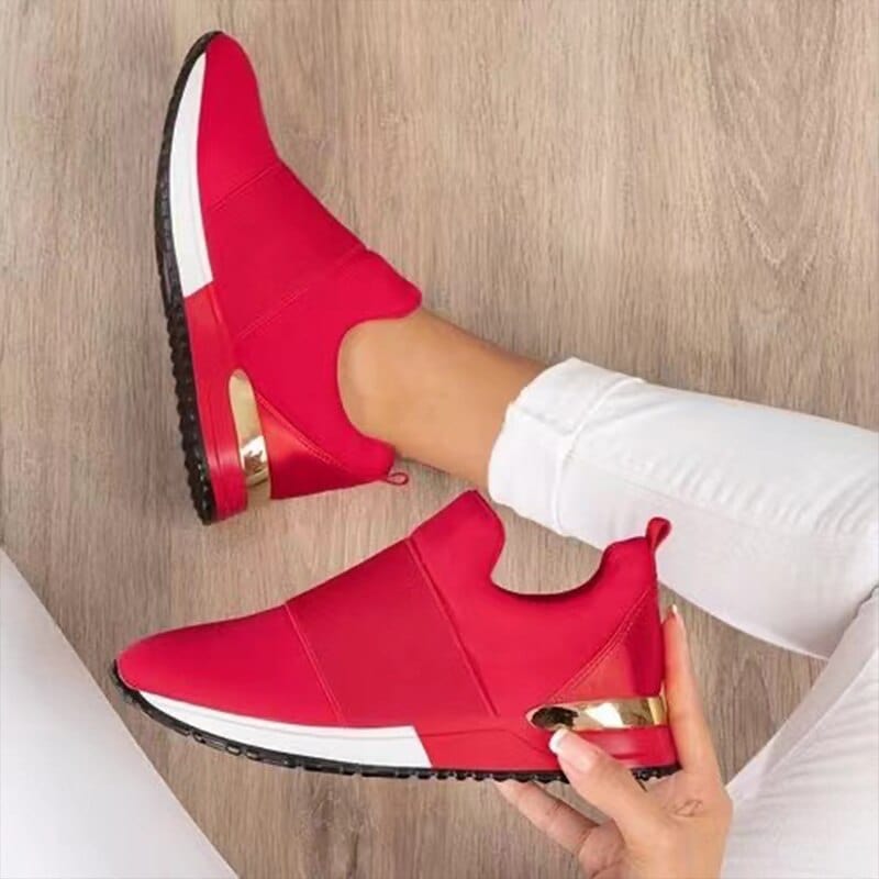 Women's Breathable Sneakers with Gold Accents – Red