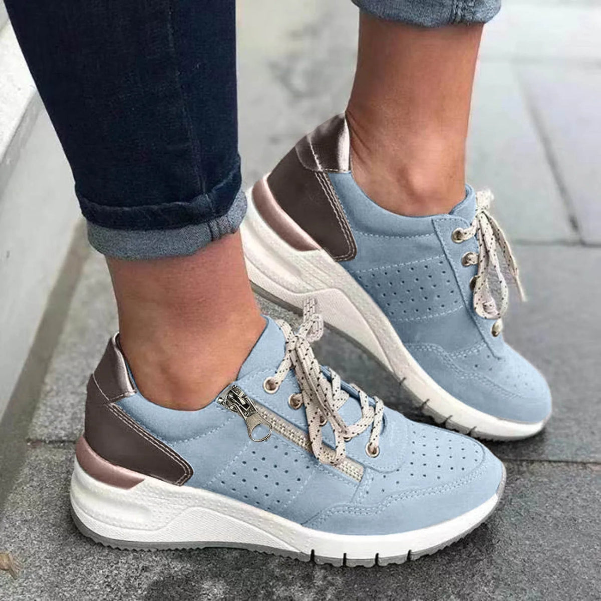 Women's Chunky-Sole Lace-Up Sneakers – Light Blue