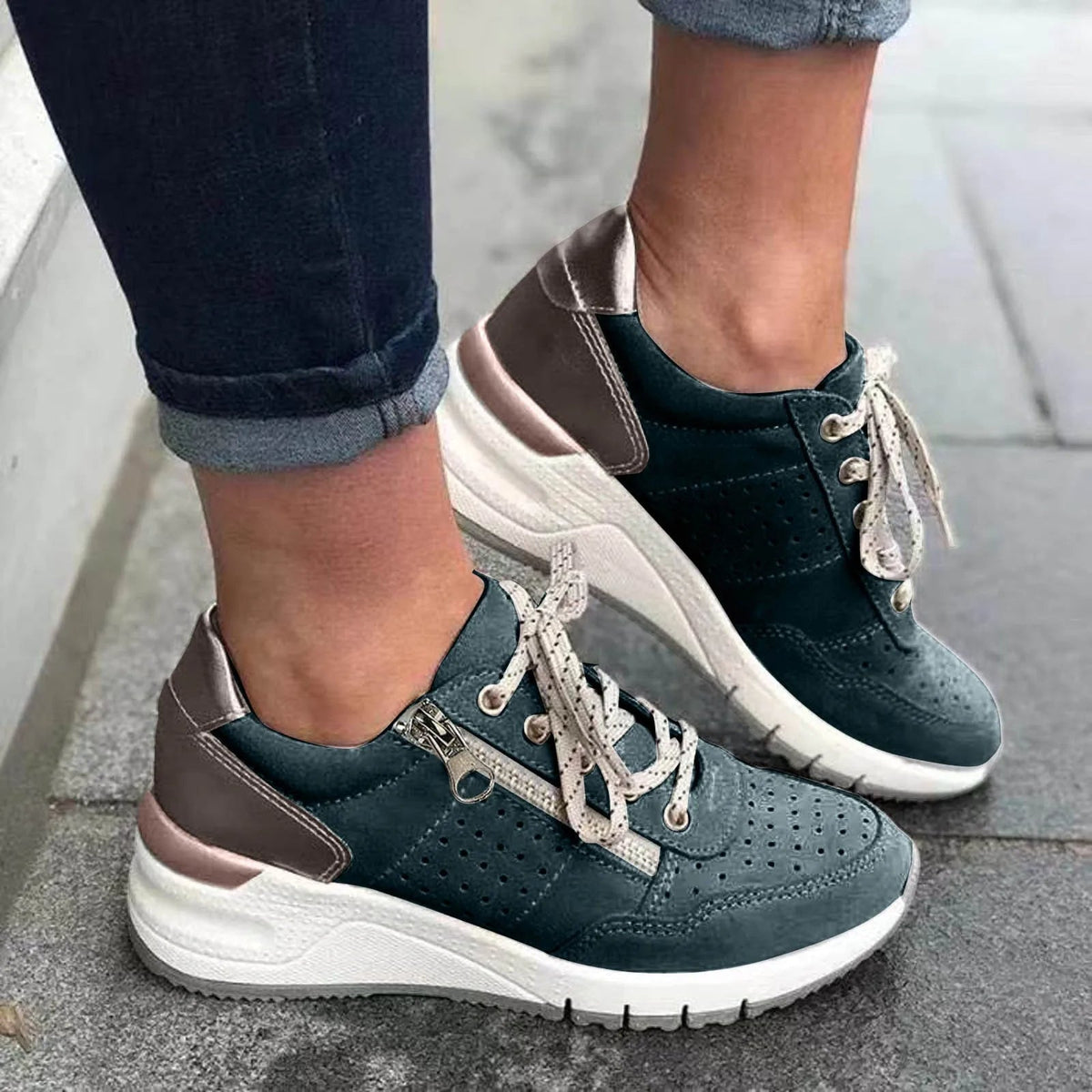 Women's Chunky-Sole Lace-Up Sneakers – Dark Green