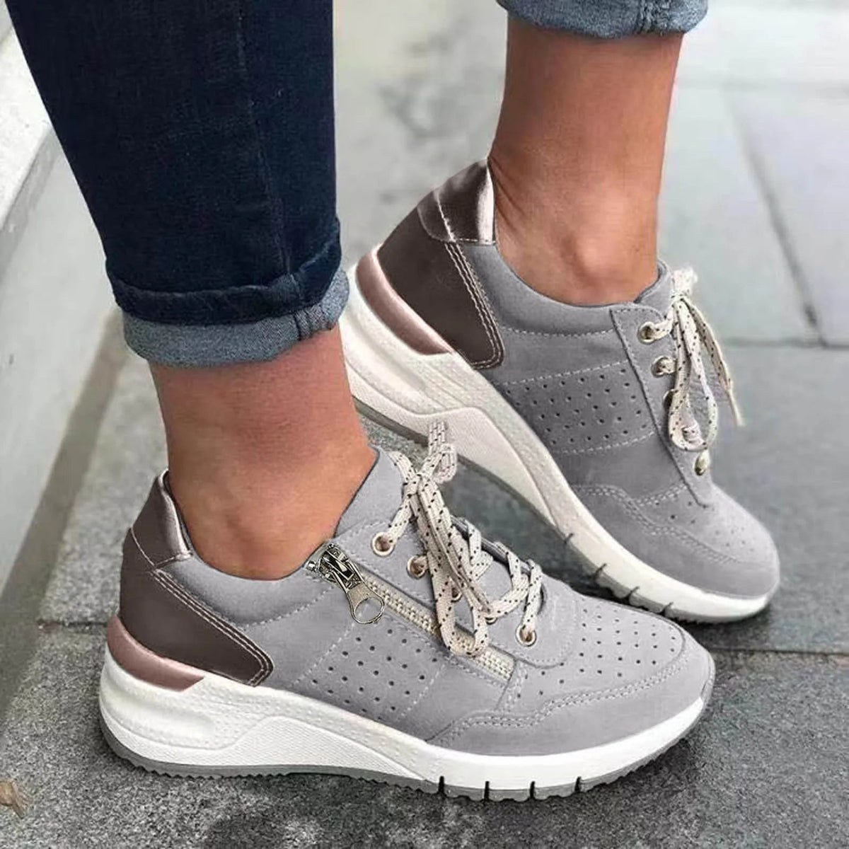 Women's Chunky-Sole Lace-Up Sneakers – Grey
