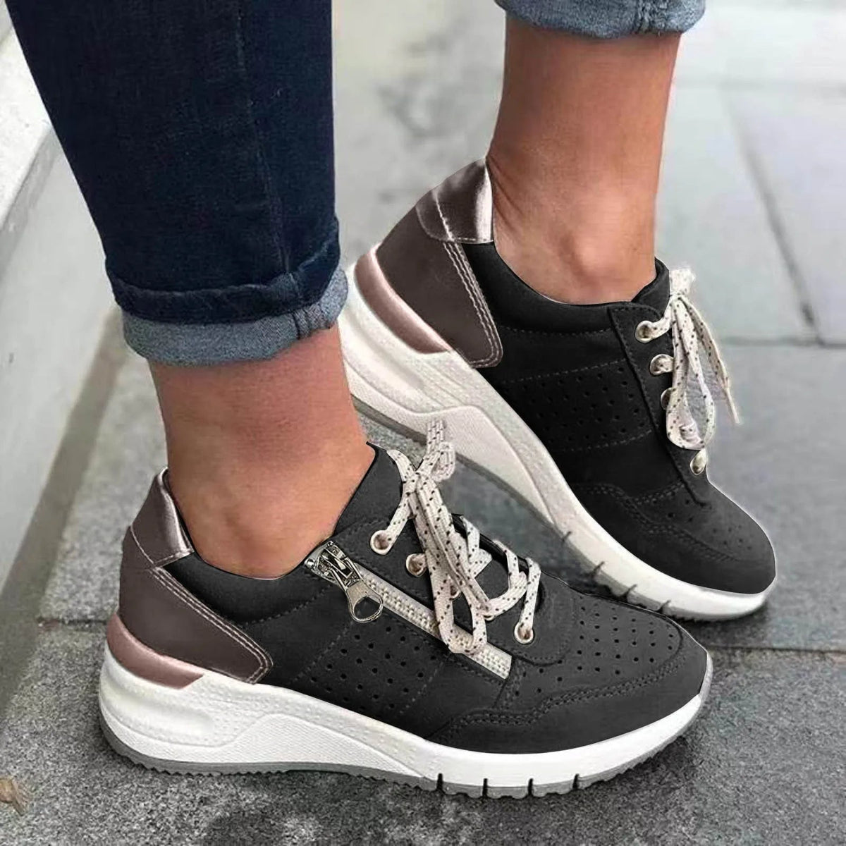 Women's Chunky-Sole Lace-Up Sneakers – Black