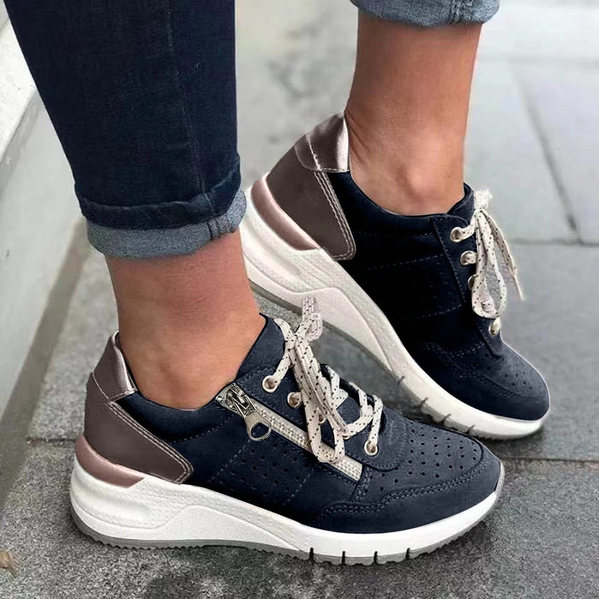 Women's Chunky-Sole Lace-Up Sneakers – Dark Blue