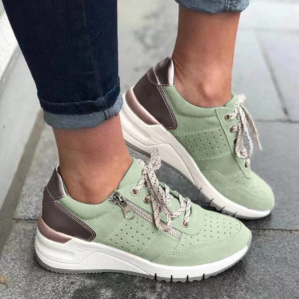 Women's Chunky-Sole Lace-Up Sneakers – Light Green