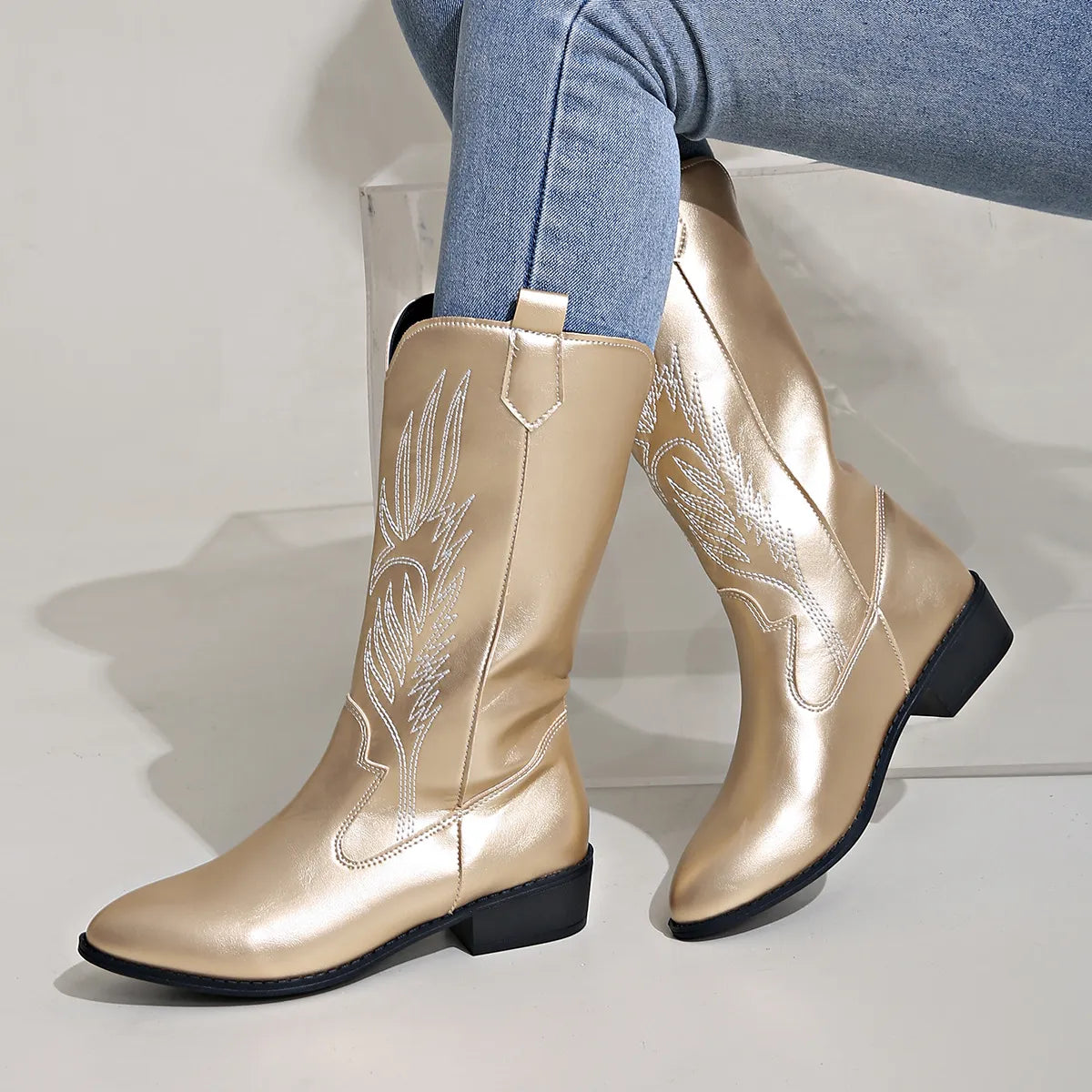 Women's Vegan Cowboy Boots with Decorative Embroidery – Silver