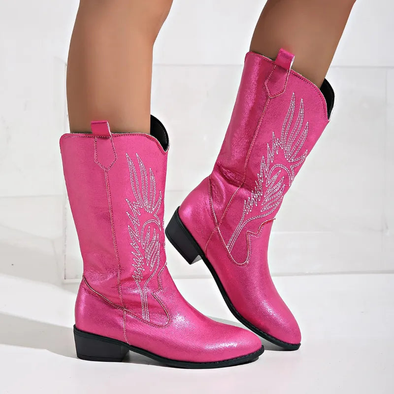 Women's Vegan Cowboy Boots with Decorative Embroidery – Pink