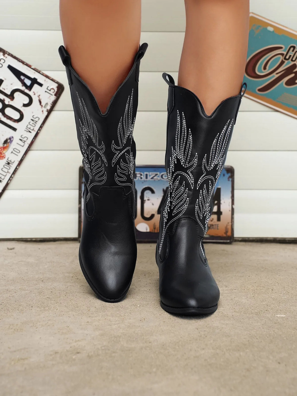 Women's Vegan Cowboy Boots with Decorative Embroidery – Black