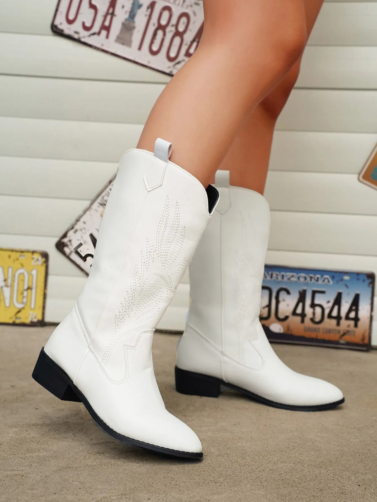 Women's Vegan Cowboy Boots with Decorative Embroidery – White