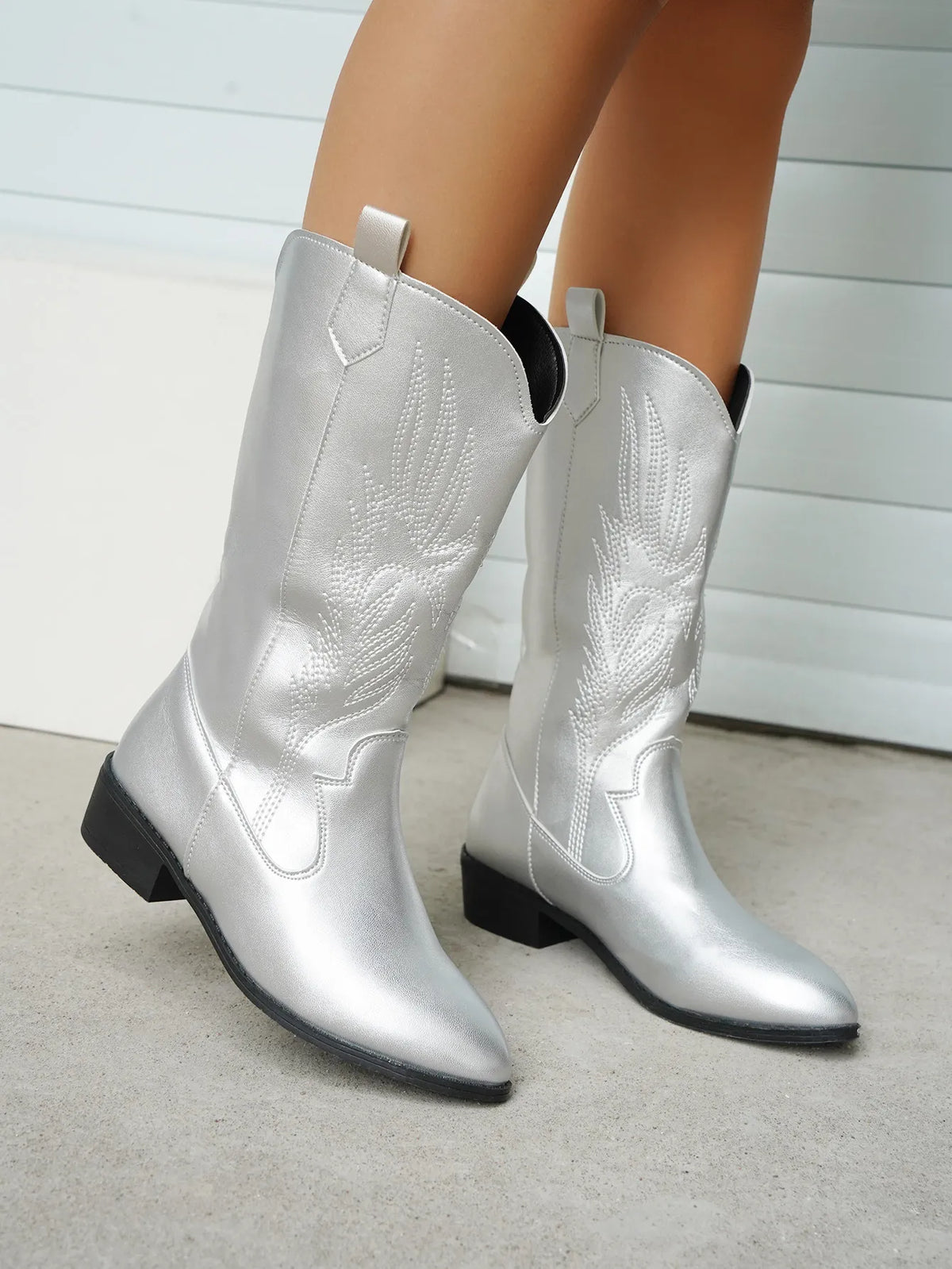 Women's Vegan Cowboy Boots with Decorative Embroidery – Silver