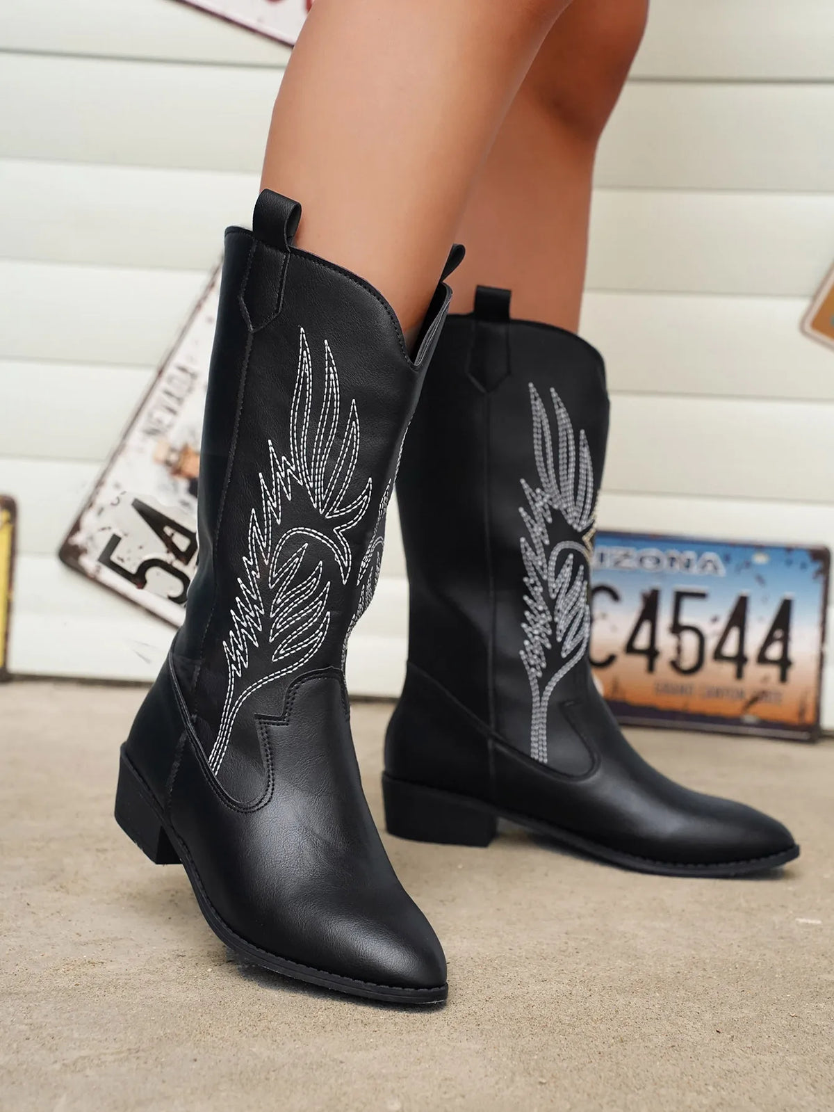 Women's Vegan Cowboy Boots with Decorative Embroidery – Silver