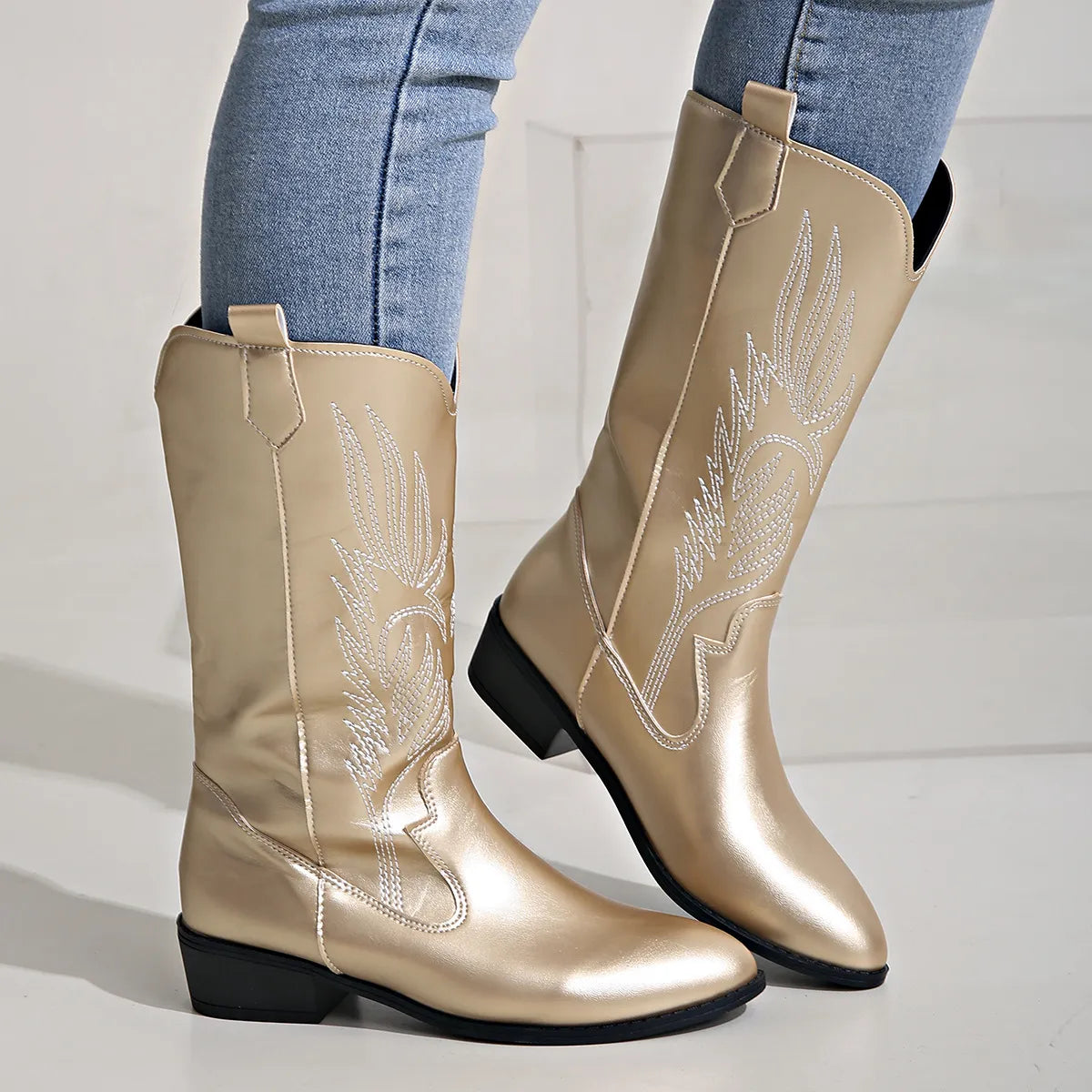 Women's Vegan Cowboy Boots with Decorative Embroidery