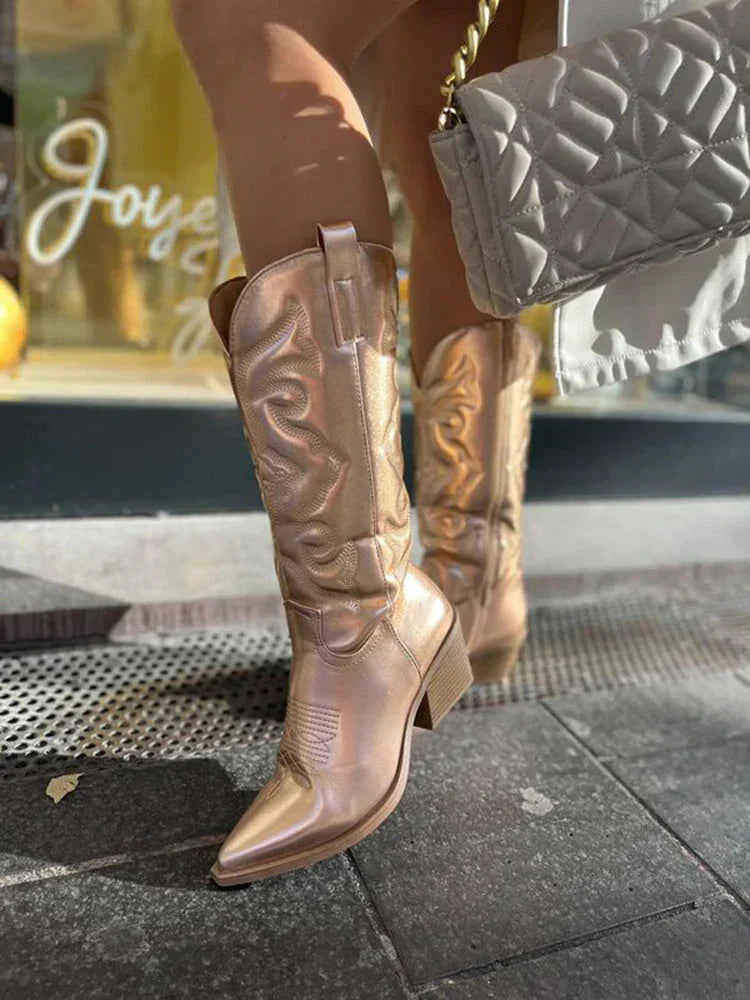 Women's Cowboy Boots with Metallic Finish – White