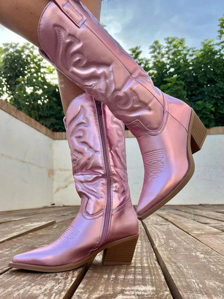 Women's Cowboy Boots with Metallic Finish – Pink